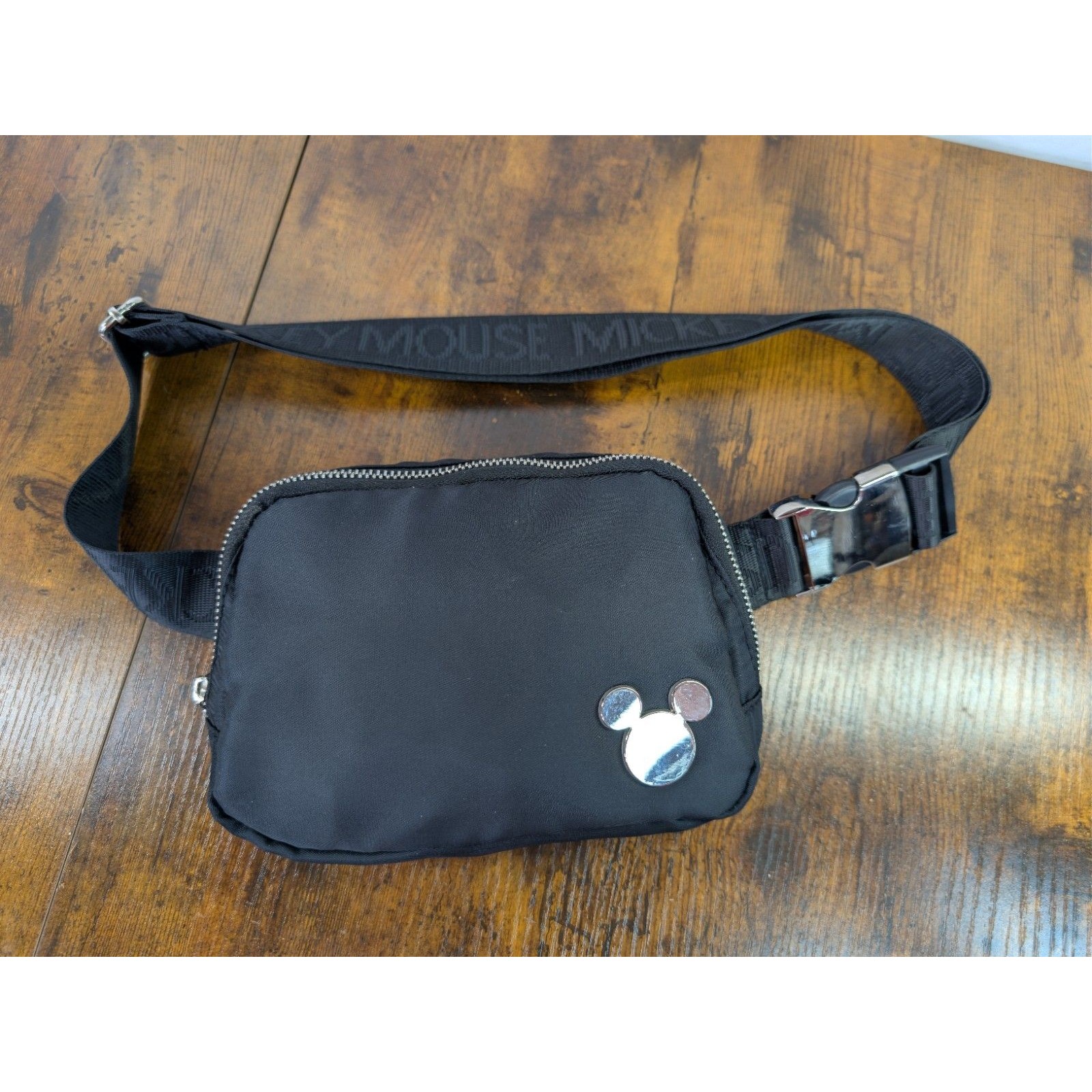 Disney Mickey Mouse Black Nylon Belt Bag Fanny Pack Silver Plaque Bioworld